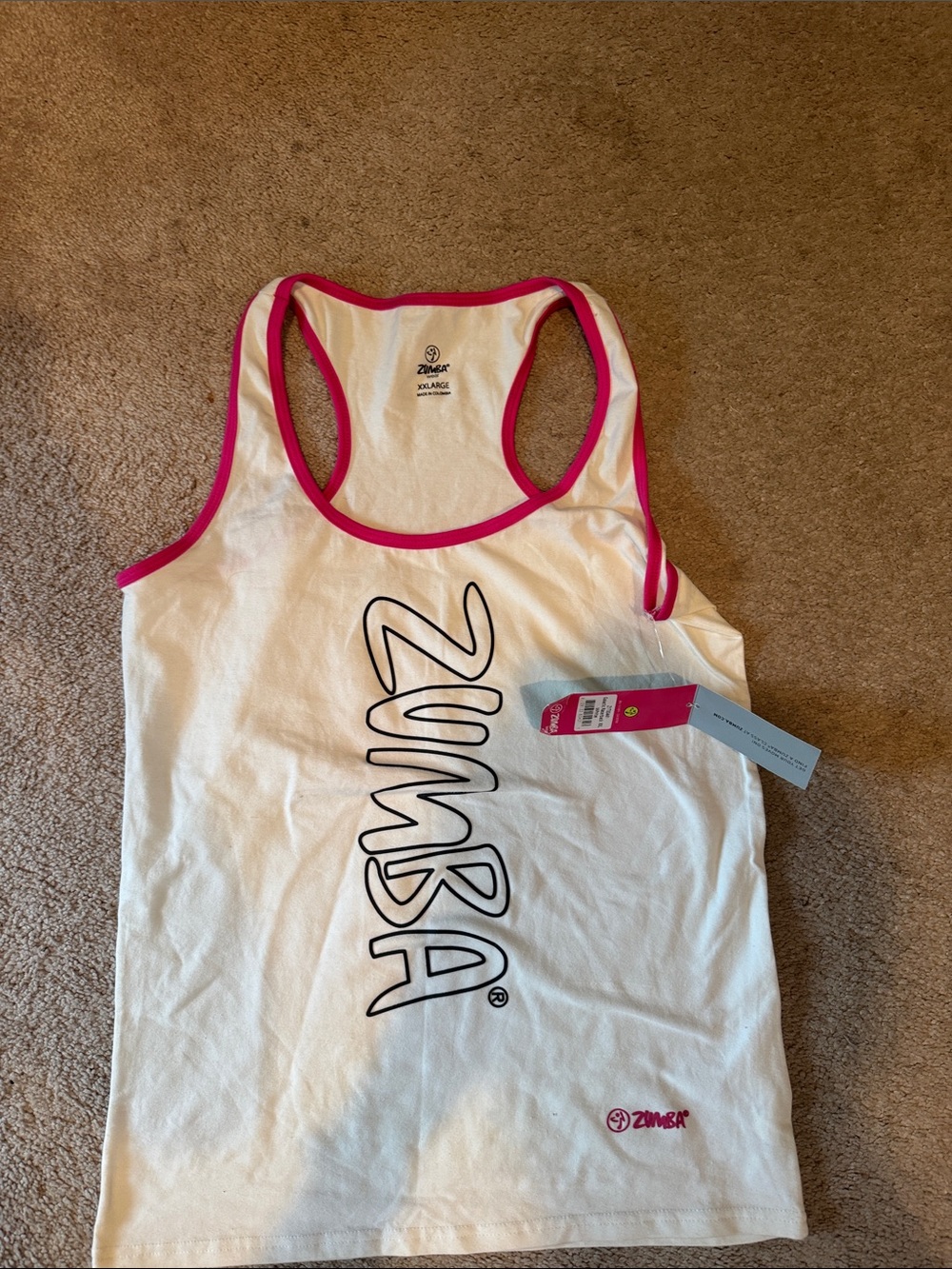 Zumba Fitness White Racerback Tank with Pink Trim